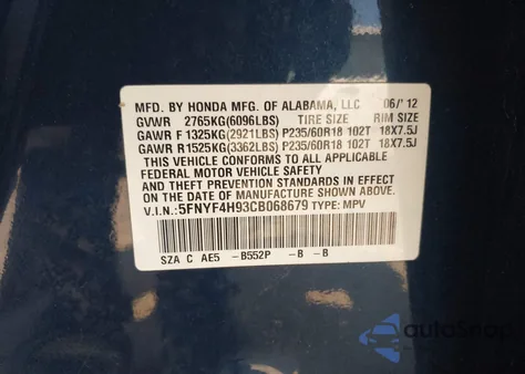 2012 Honda Pilot Touring z USA, uszkodzony, nr VIN 5FNYF4H93CB068679